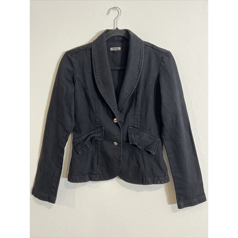 Vtg Blazer Jean Jacket Womens XS Black Denim Double Button Faux Pockets Y2K 90s‎